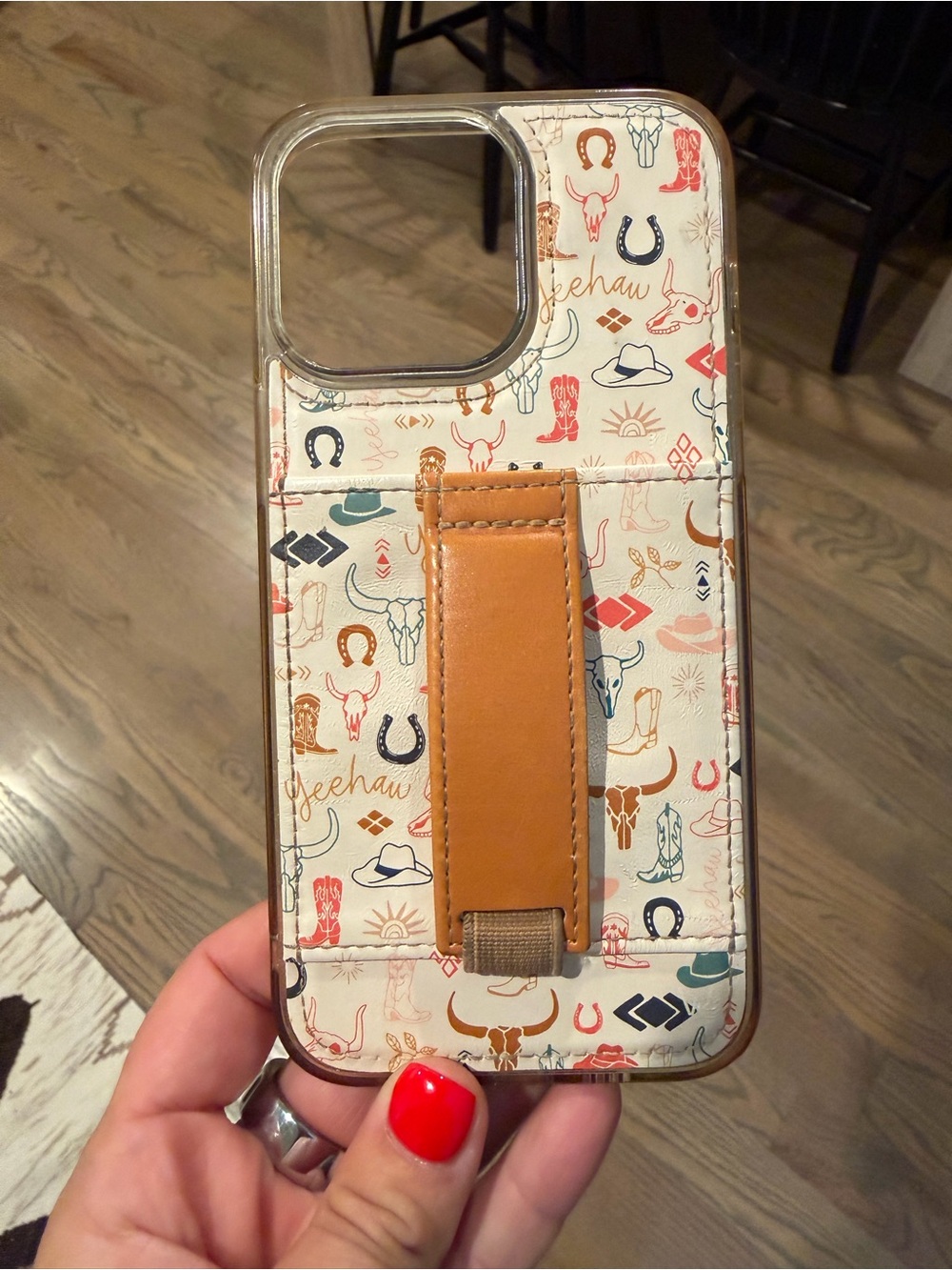 Western Pattern Phone Case with Tan Leather Strap - iPhone 14 Pro Max